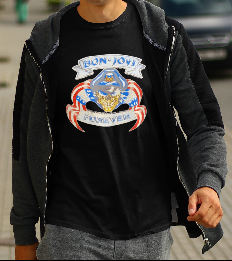 Bon Jovi Forever Skull With American Flag Banners And Blue Cap T-Shirt