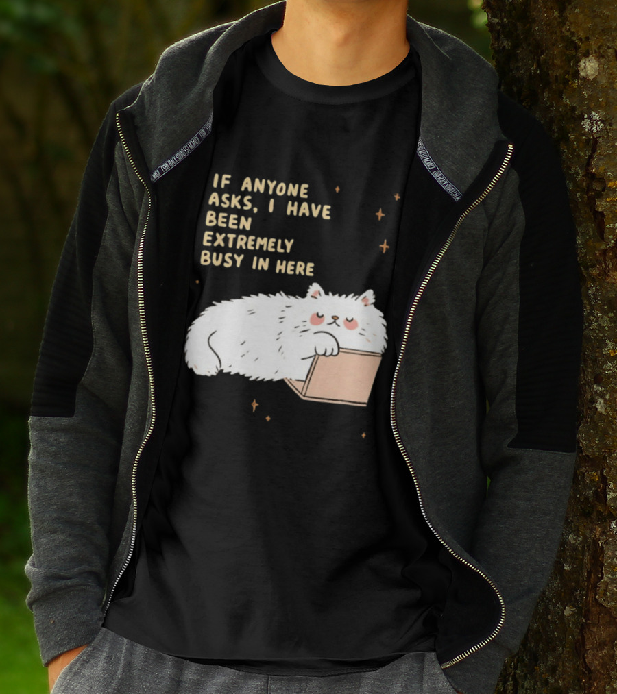 If Anyone Asks I Have Been Extremely Busy In Here Fluffy White Cat In Box T-Shirt