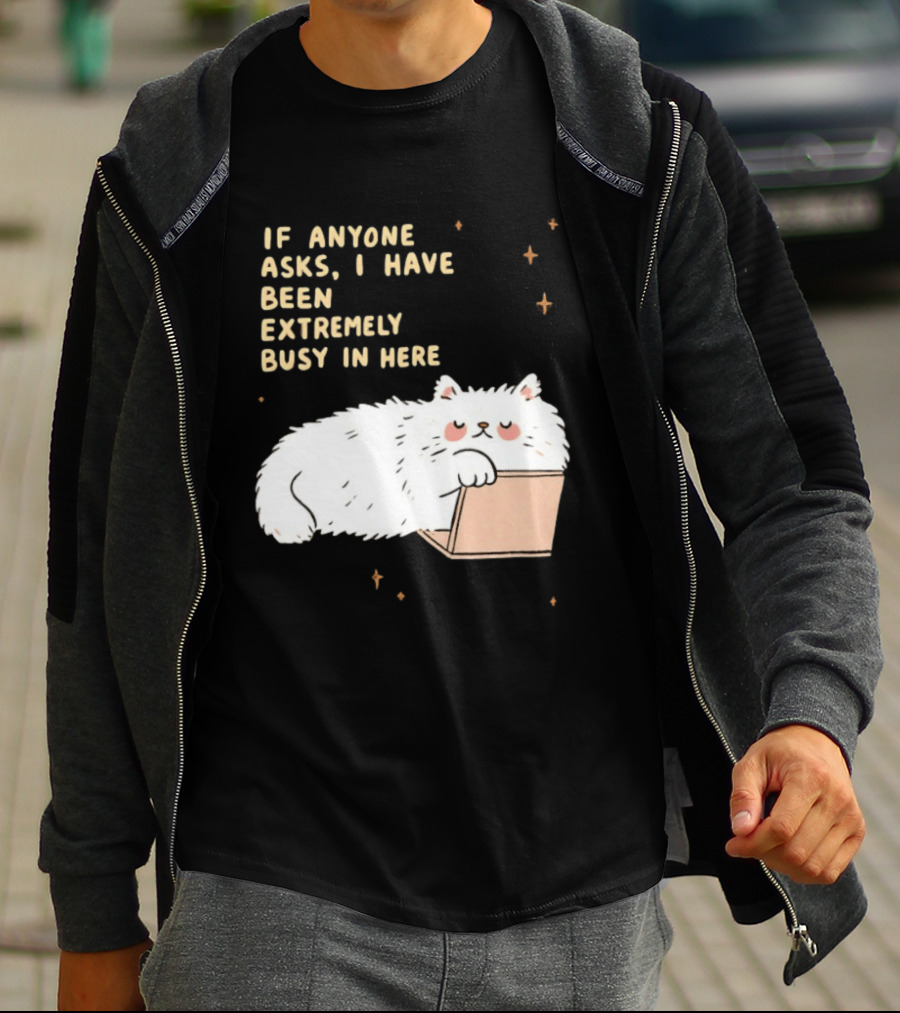 If Anyone Asks I Have Been Extremely Busy In Here Fluffy White Cat In Box T-Shirt