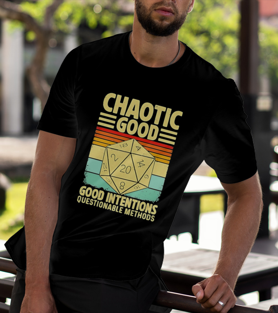 Chaotic Good D20 Good Intentions Questionable Methods Stripes T-Shirt