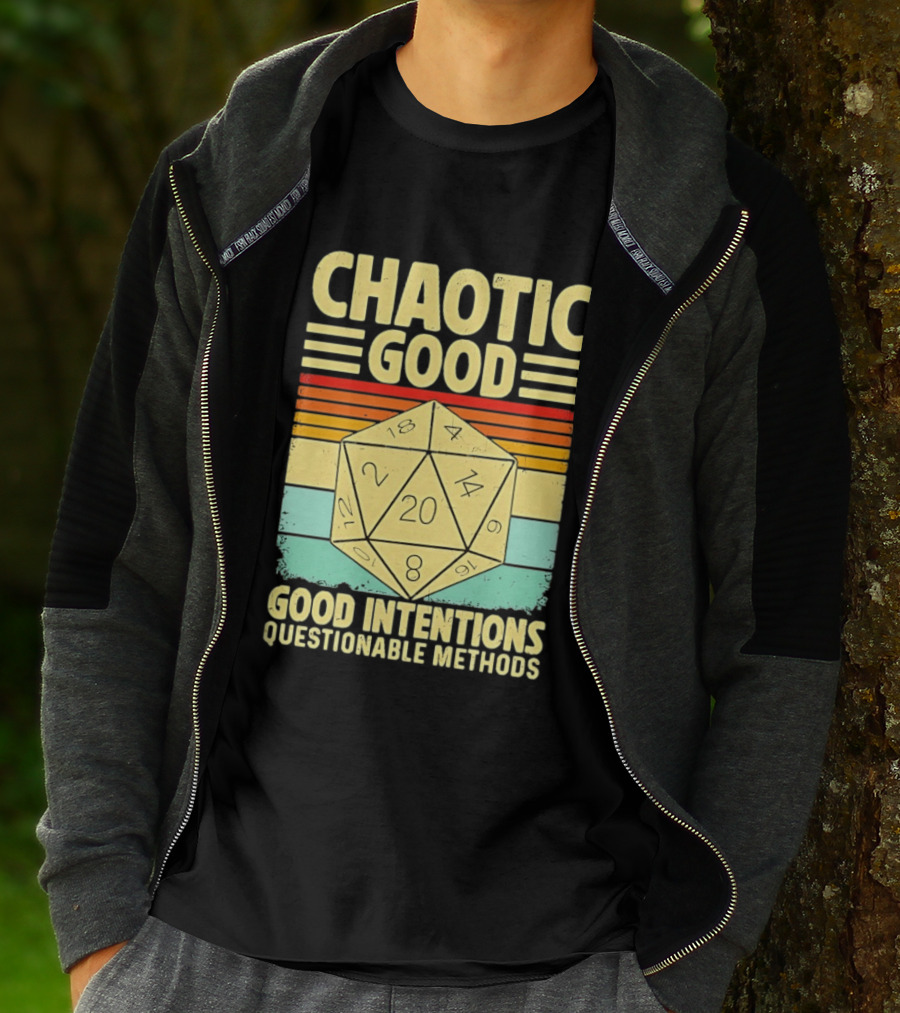 Chaotic Good D20 Good Intentions Questionable Methods Stripes T-Shirt
