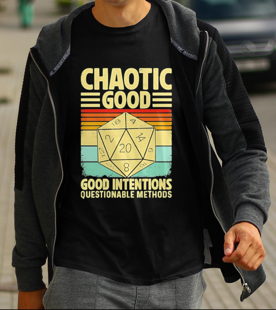 Chaotic Good D20 Good Intentions Questionable Methods Stripes T-Shirt