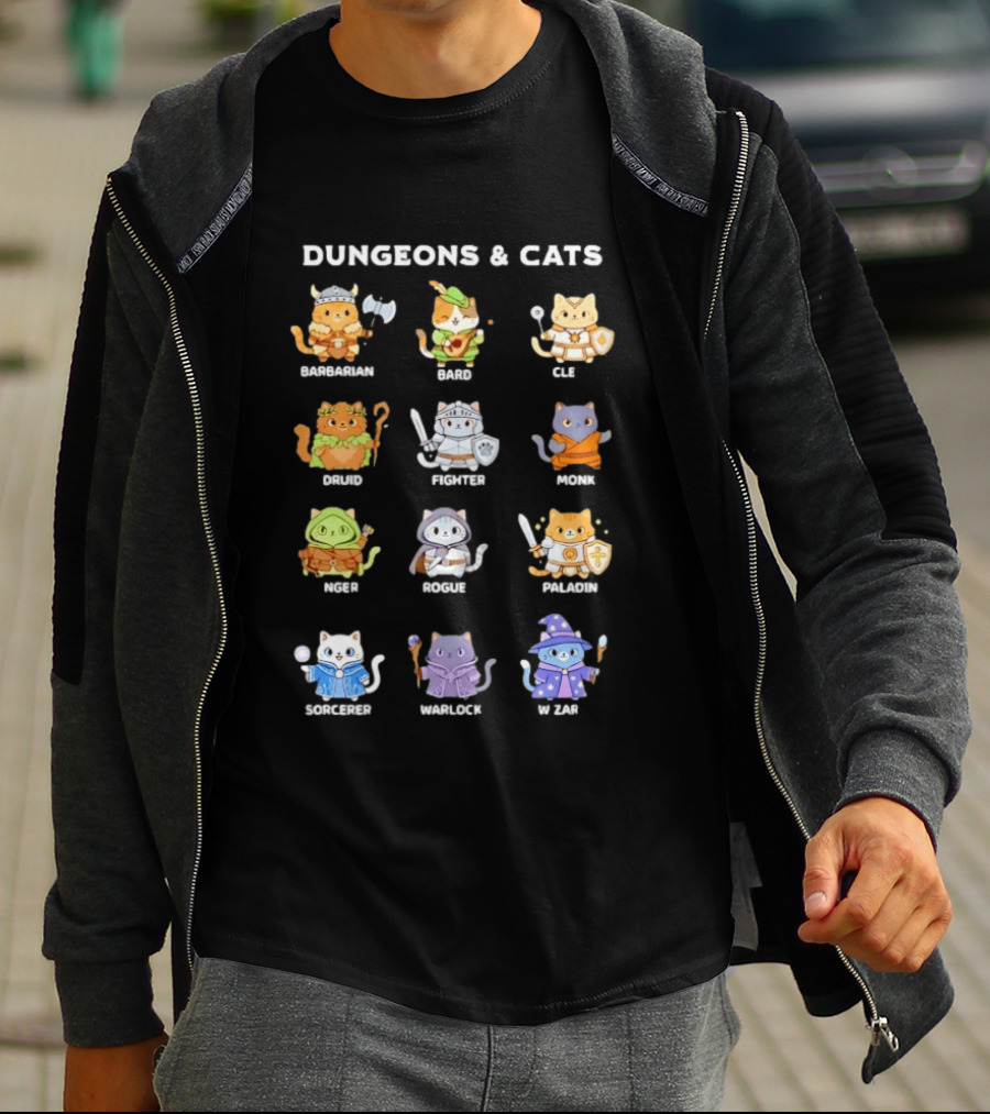 Dungeons And Cats Barbarian Bard Cleric Druid Fighter Monk Mage Rogue Paladin Sorcerer Warlock Wizard T-Shirt