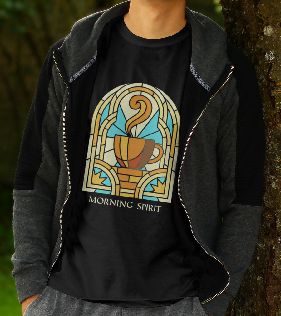 Morning Spirit Coffee Cup Stained Glass Art Deco T-Shirt