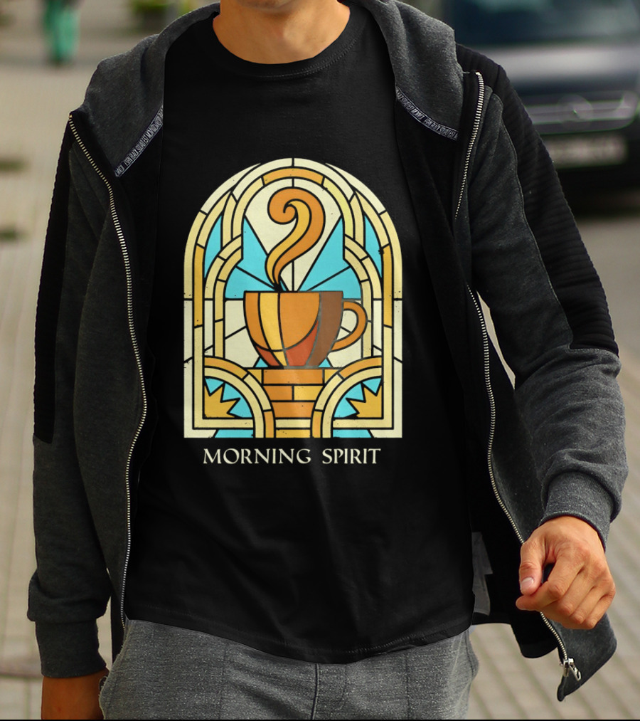 Morning Spirit Coffee Cup Stained Glass Art Deco T-Shirt