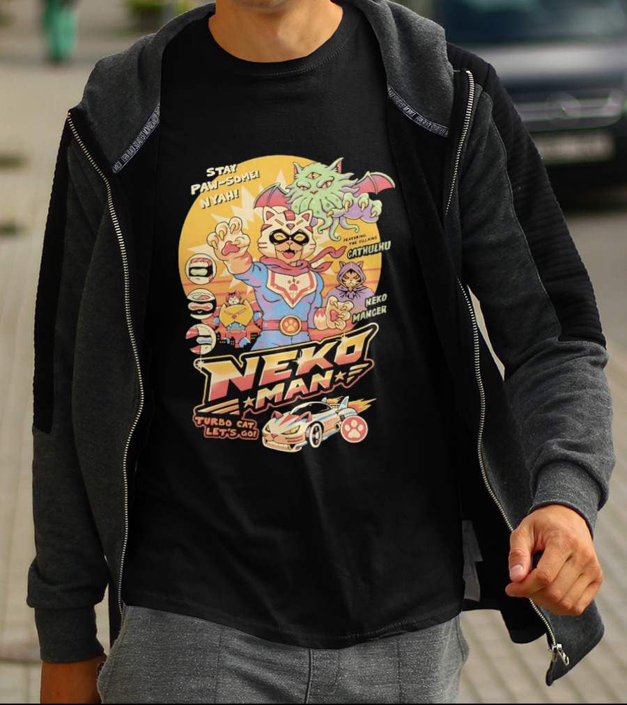 Stay Pawsome Neko Man Turbo Cat Featuring Villains Cathulhu Neko Mancer T-Shirt