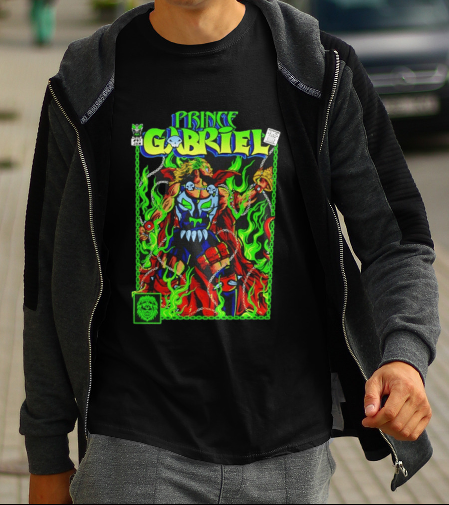 Prince Gabriel Comic Book Cover Fantasy Chain And Sword Warrior Neon Green Flames T-Shirt