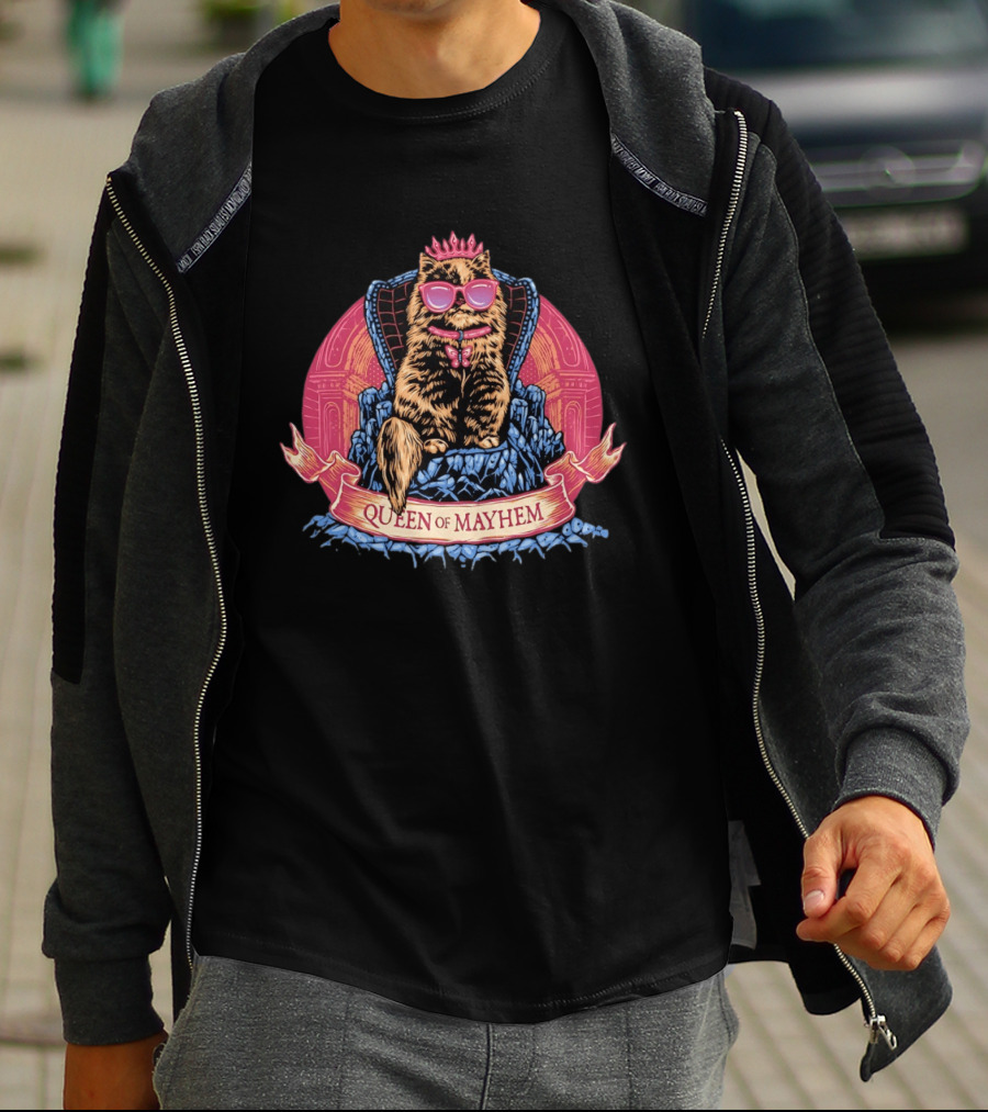 Queen Of Mayhem Cat With Pink Crown And Glasses On Throne T-Shirt