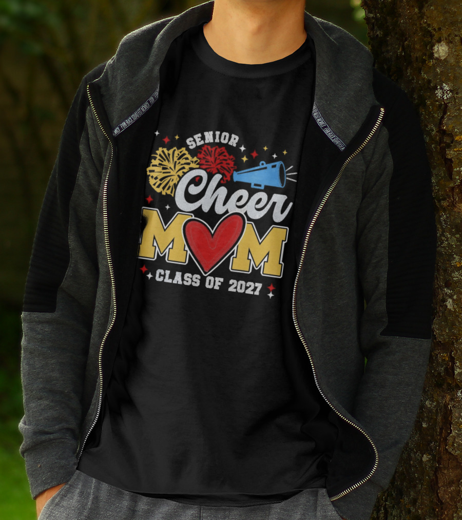 Senior Cheer Mom Megaphone Heart Pom Poms Class Of 2027 T-Shirt