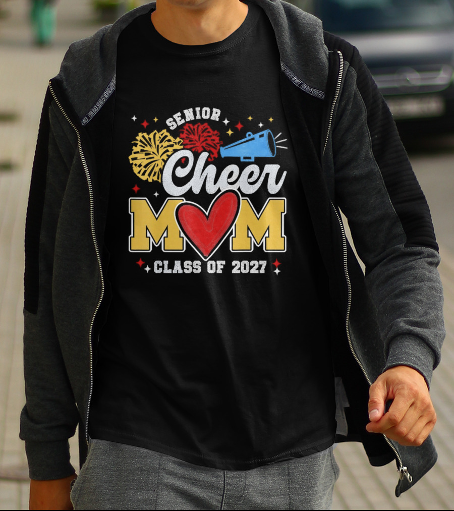 Senior Cheer Mom Megaphone Heart Pom Poms Class Of 2027 T-Shirt