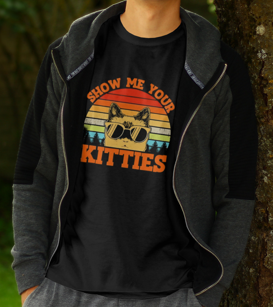 Show Me Your Kitties Cat Sunglasses Retro Sunset T-Shirt