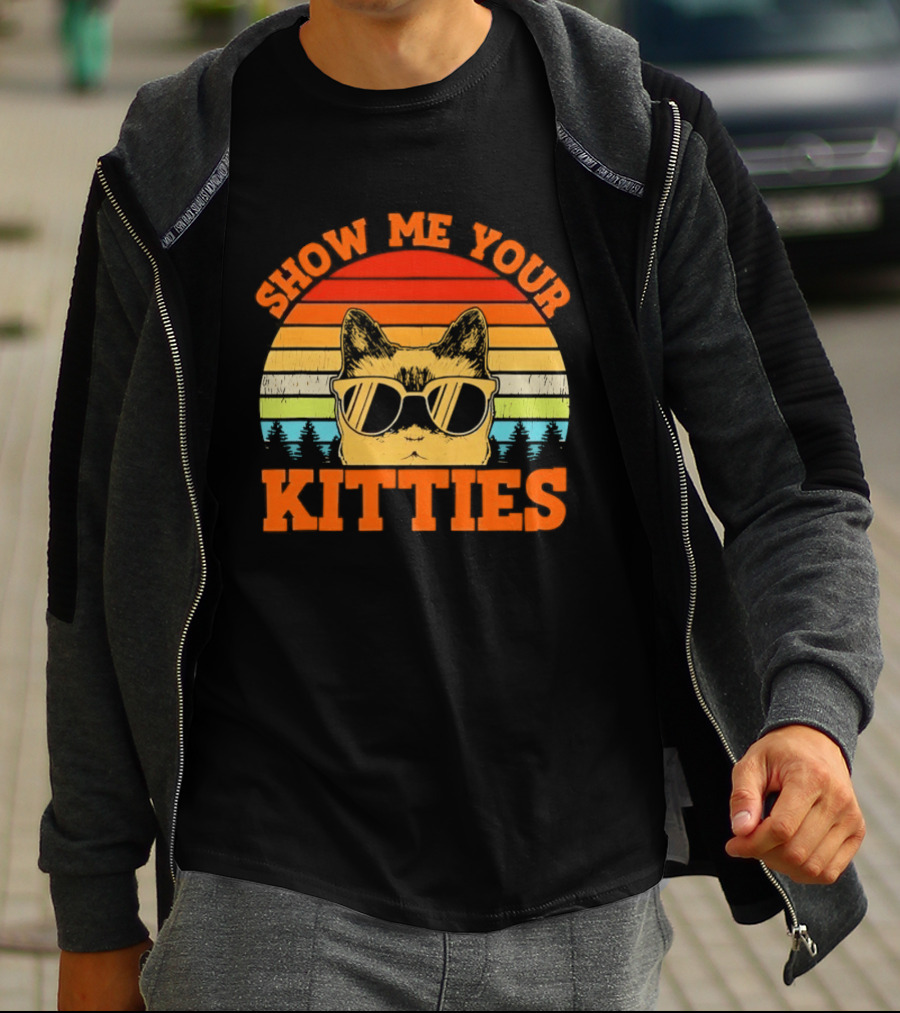 Show Me Your Kitties Cat Sunglasses Retro Sunset T-Shirt