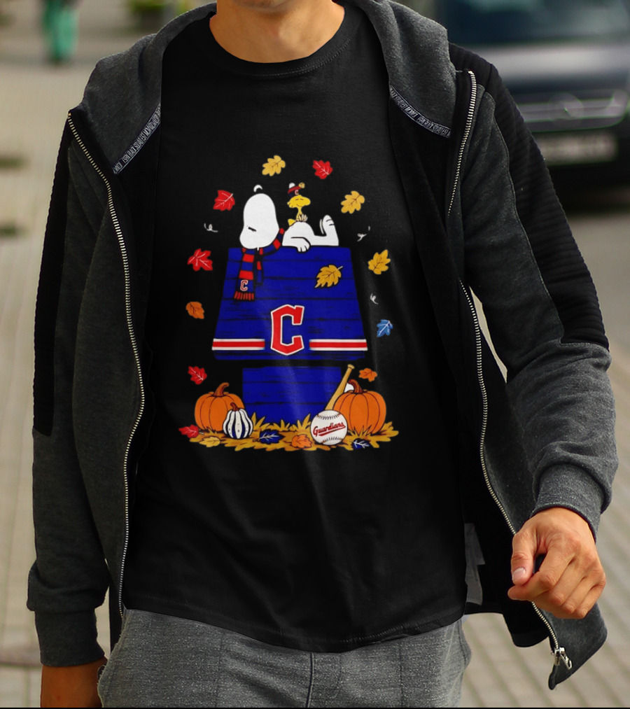 Snoopy Woodstock Cleveland Guardians Fall Baseball Pumpkins Autumn Leaves T-Shirt