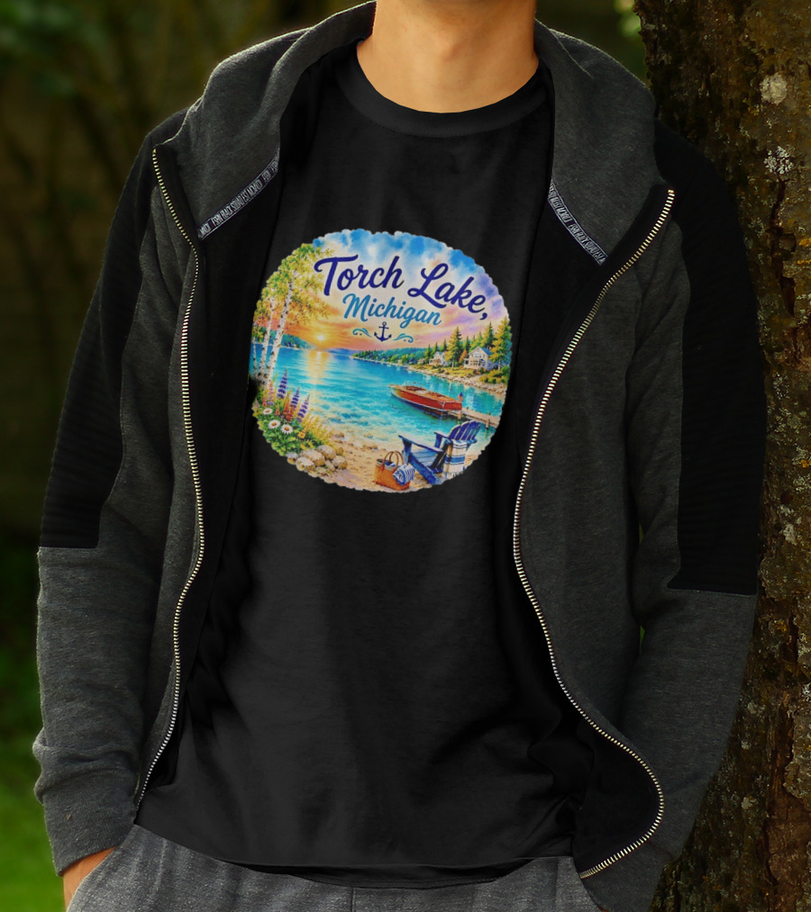 Torch Lake Michigan Sunset Scenic Lakeside Anchor T-Shirt
