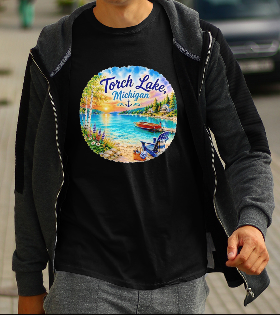 Torch Lake Michigan Sunset Scenic Lakeside Anchor T-Shirt