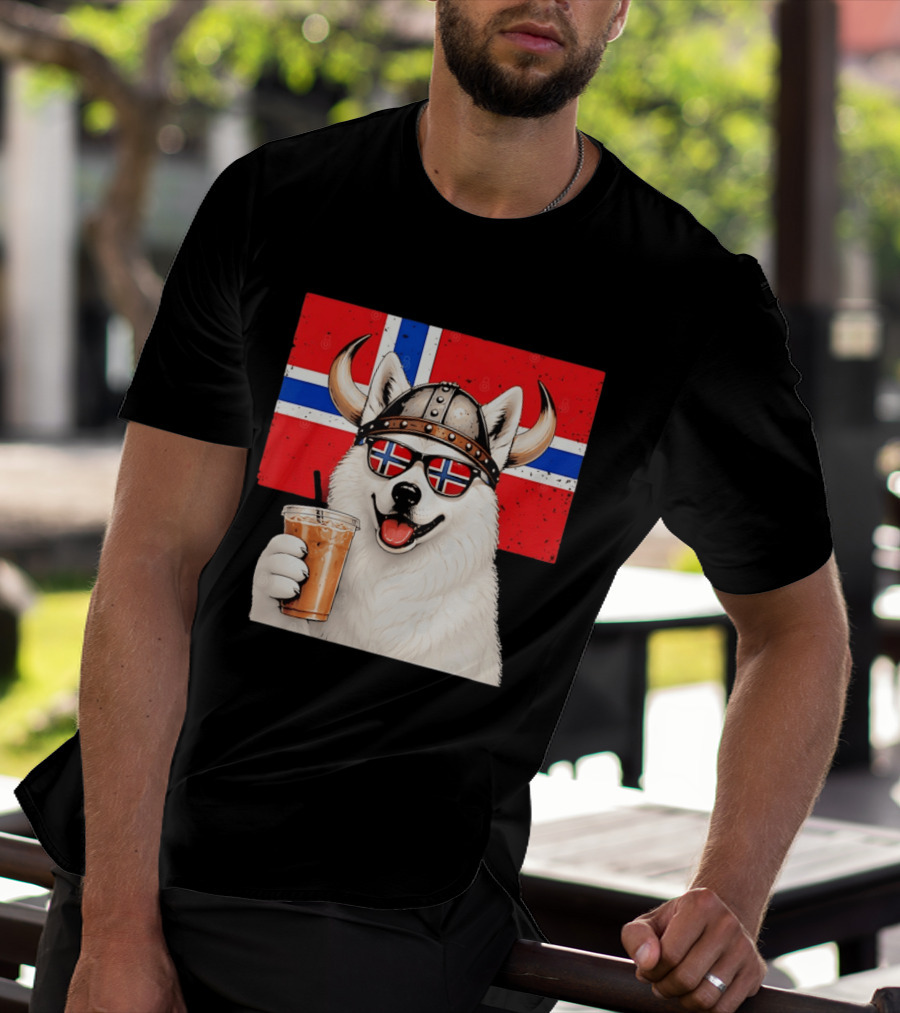 Viking Husky With Norwegian Flag Glasses And Iced Coffee T-Shirt