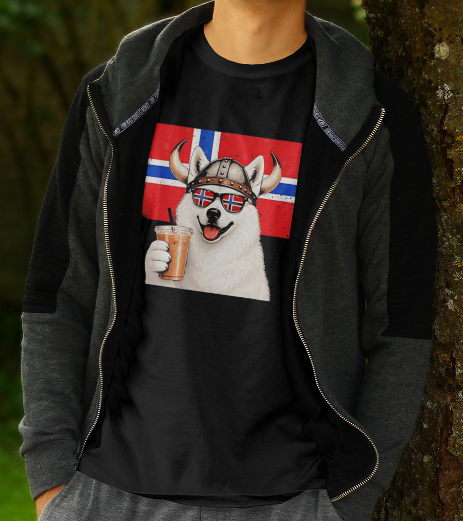 Viking Husky With Norwegian Flag Glasses And Iced Coffee T-Shirt