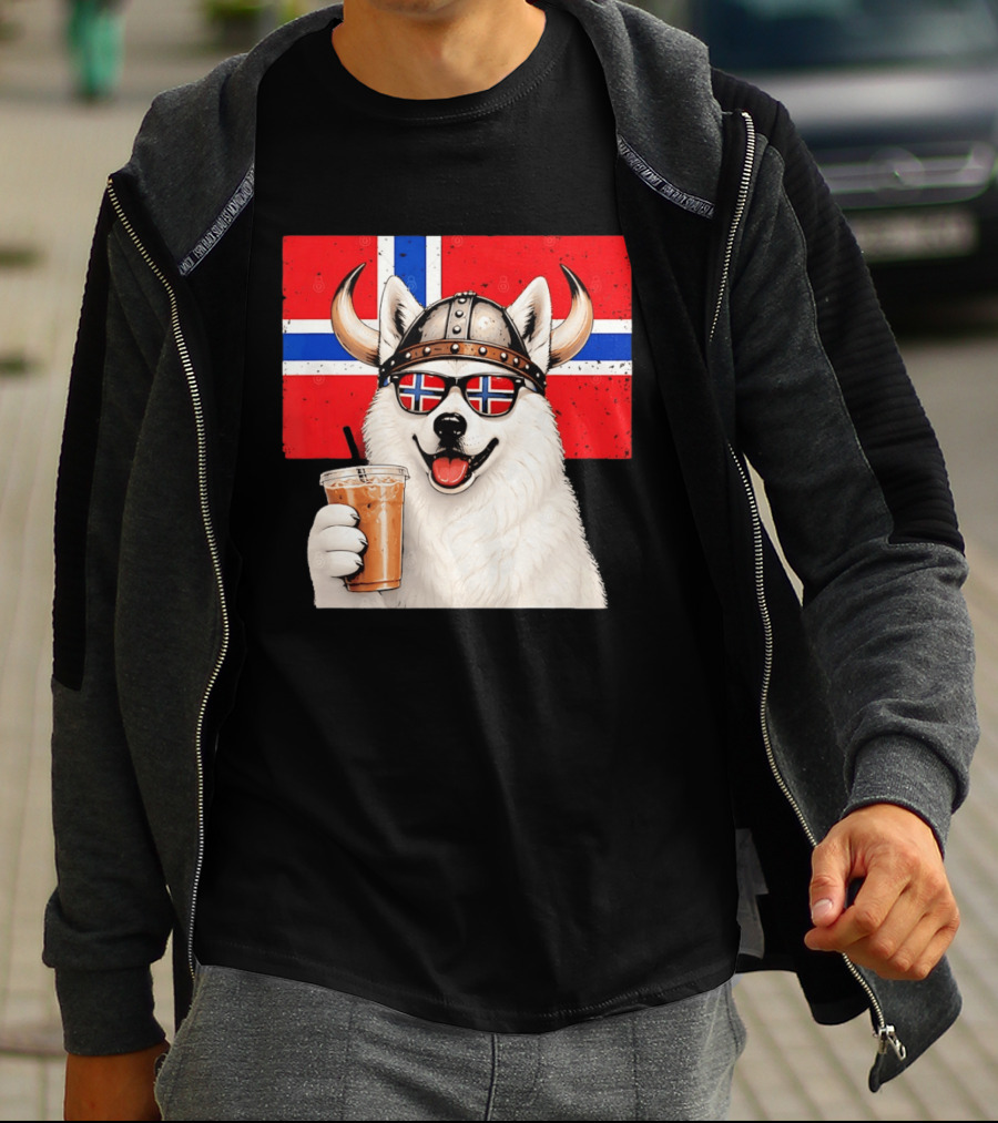 Viking Husky With Norwegian Flag Glasses And Iced Coffee T-Shirt