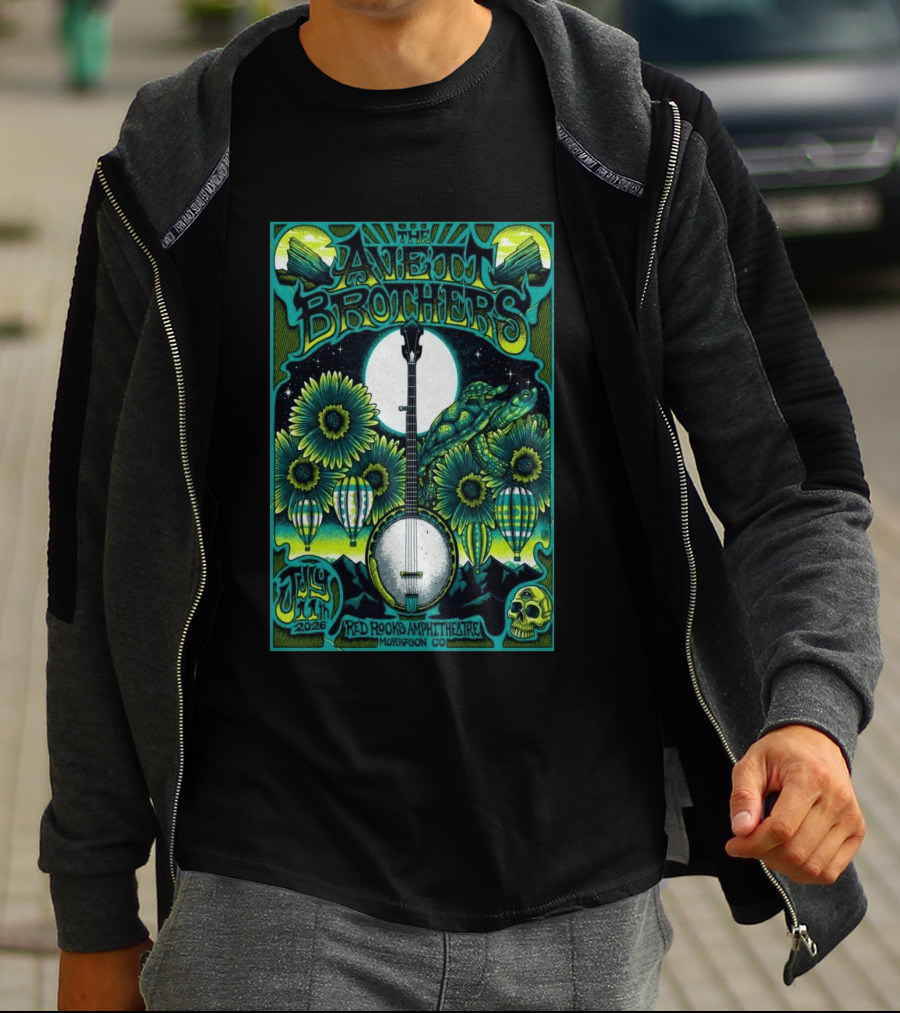 The Avett Brothers Red Rocks Amphitheatre July 11 2026 Morrison CO Banjo Sunflowers Hot Air Balloons Turtles Skulls T-Shirt