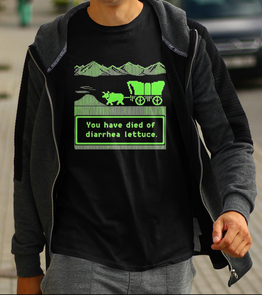 You Have Died Of Diarrhea Lettuce Oregon Trail Wagon Pixelated Retro Text Green T-Shirt