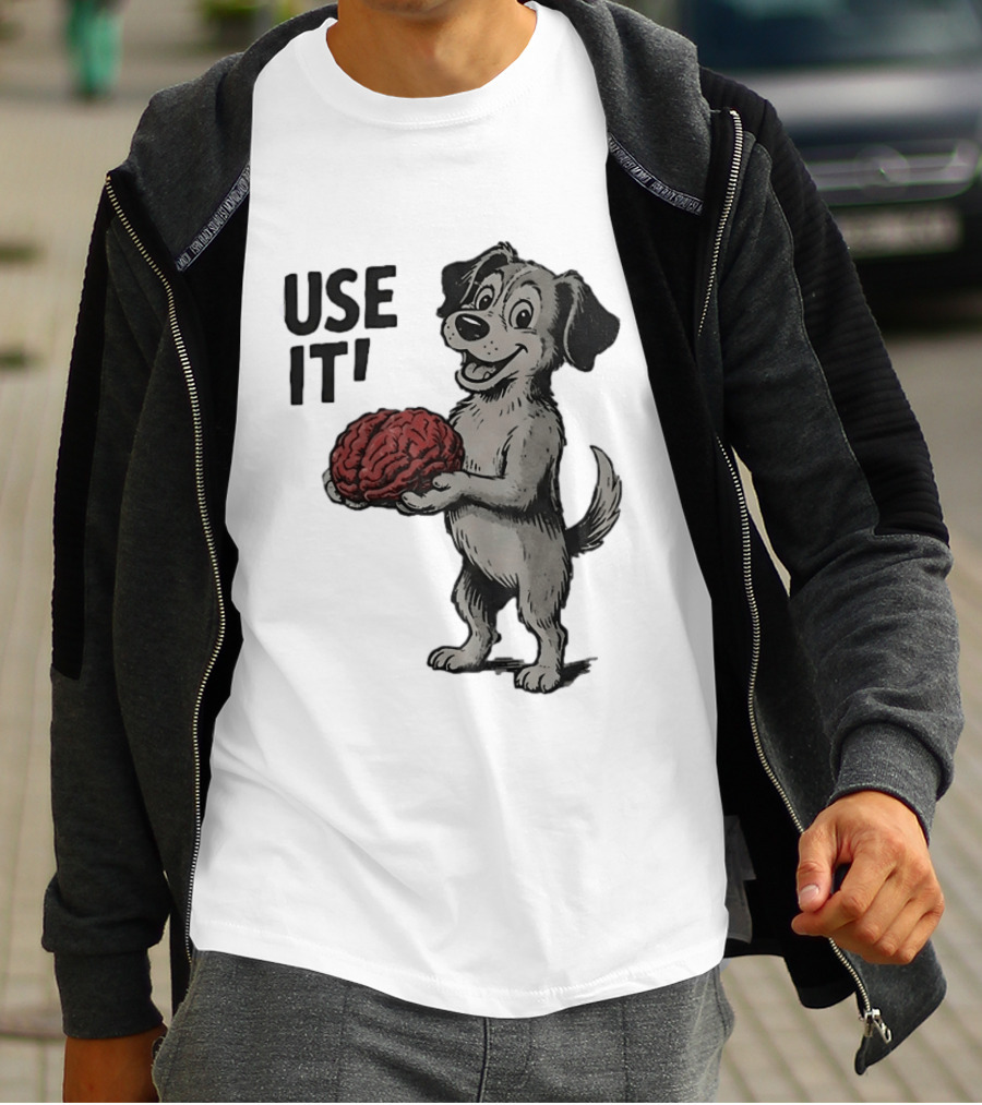 Cartoon Dog Holding Brain Use It Meme T-Shirt
