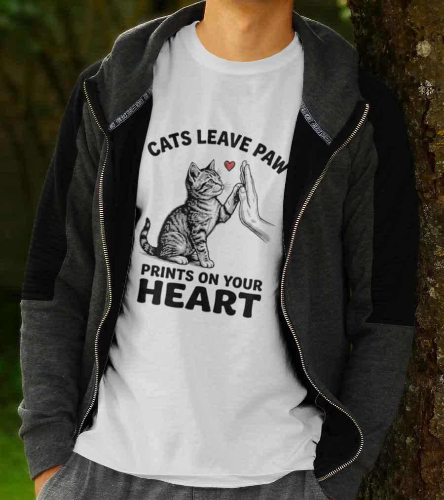 Cats Leave Paw Prints On Your Heart With Hand And Paw High Five T-Shirt
