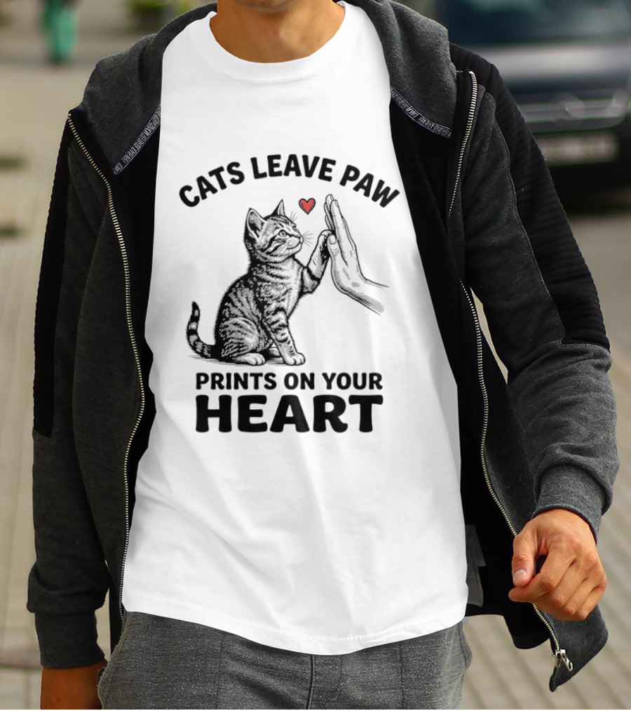 Cats Leave Paw Prints On Your Heart With Hand And Paw High Five T-Shirt