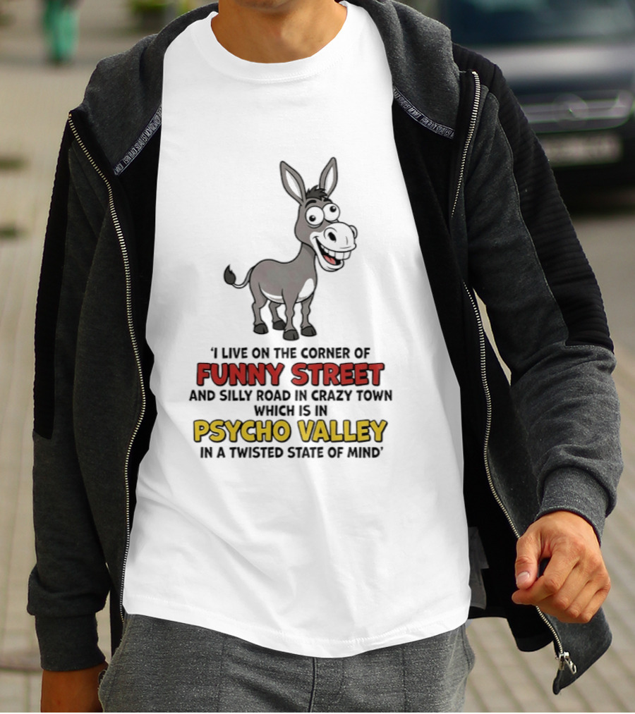 Donkey I Live On The Corner Of Funny Street And Silly Road In Crazy Town Psycho Valley In A Twisted State Of Mind T-Shirt
