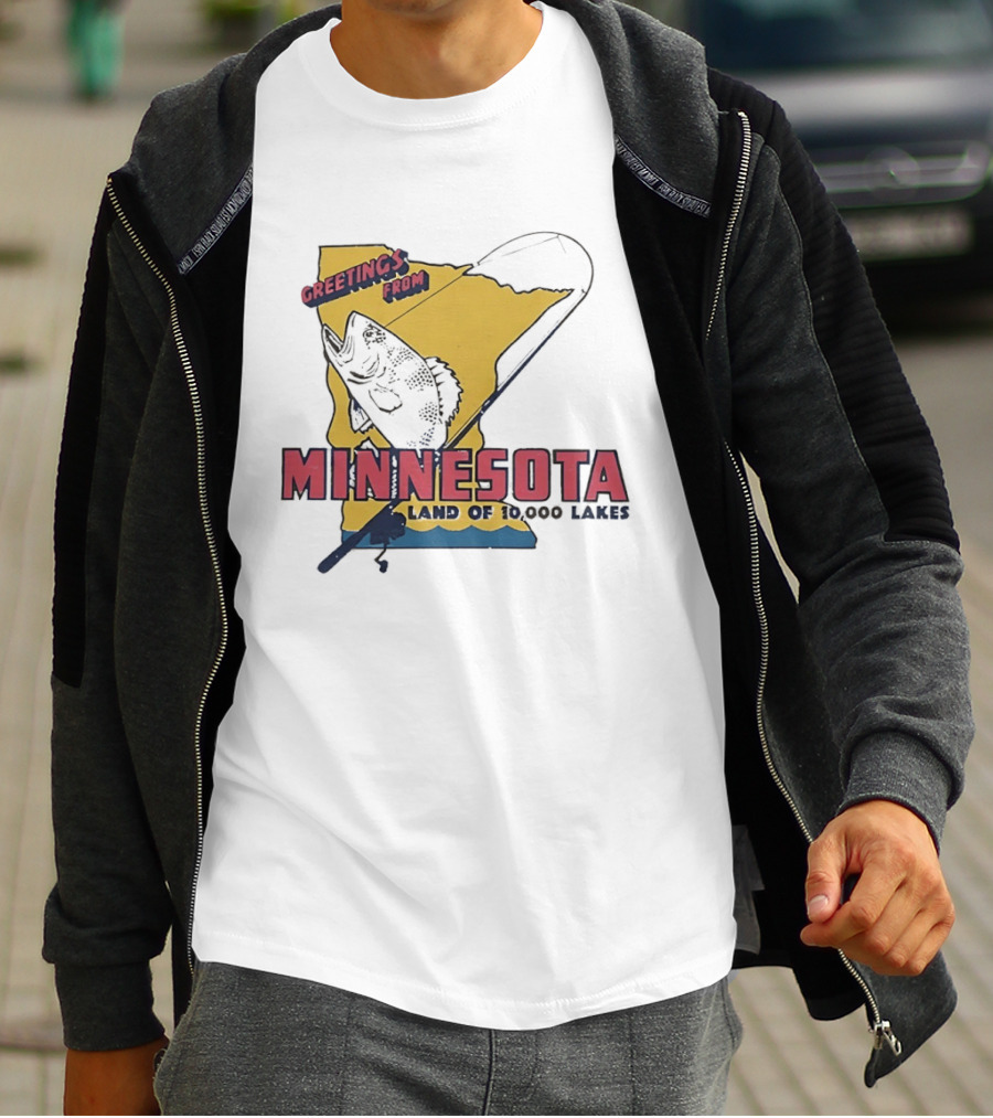 Greetings From Minnesota Land Of 10000 Lakes Fishing Map T-Shirt