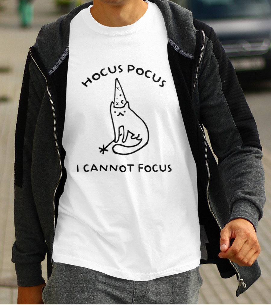 Hocus Pocus I Cannot Focus Cat ADHD Humor Magic Wand Wizard Hat T-Shirt