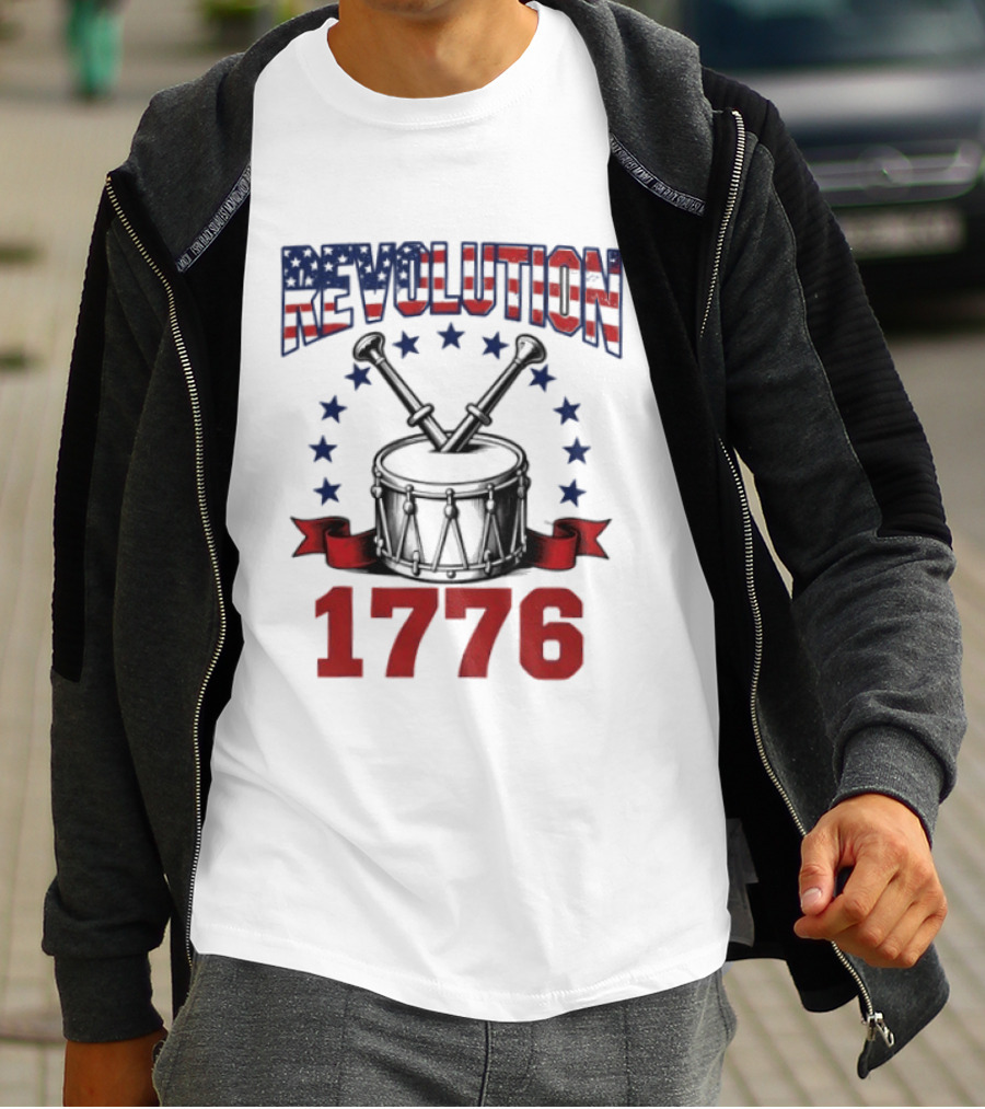 Revolution 1776 American Independence Drum With Stars And Crossed Drumsticks T-Shirt