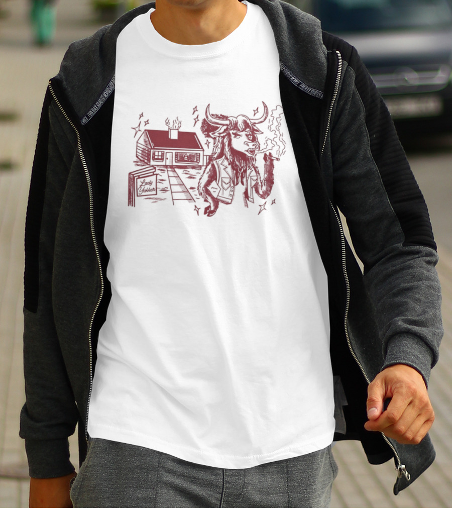Lady Yakker Buffalo Smoking With Cabin And Stairs Rustic Red T-Shirt