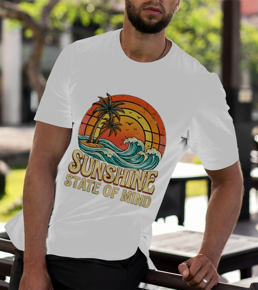 Sunshine State Of Mind Palm Trees Crashing Waves Sunset T-Shirt
