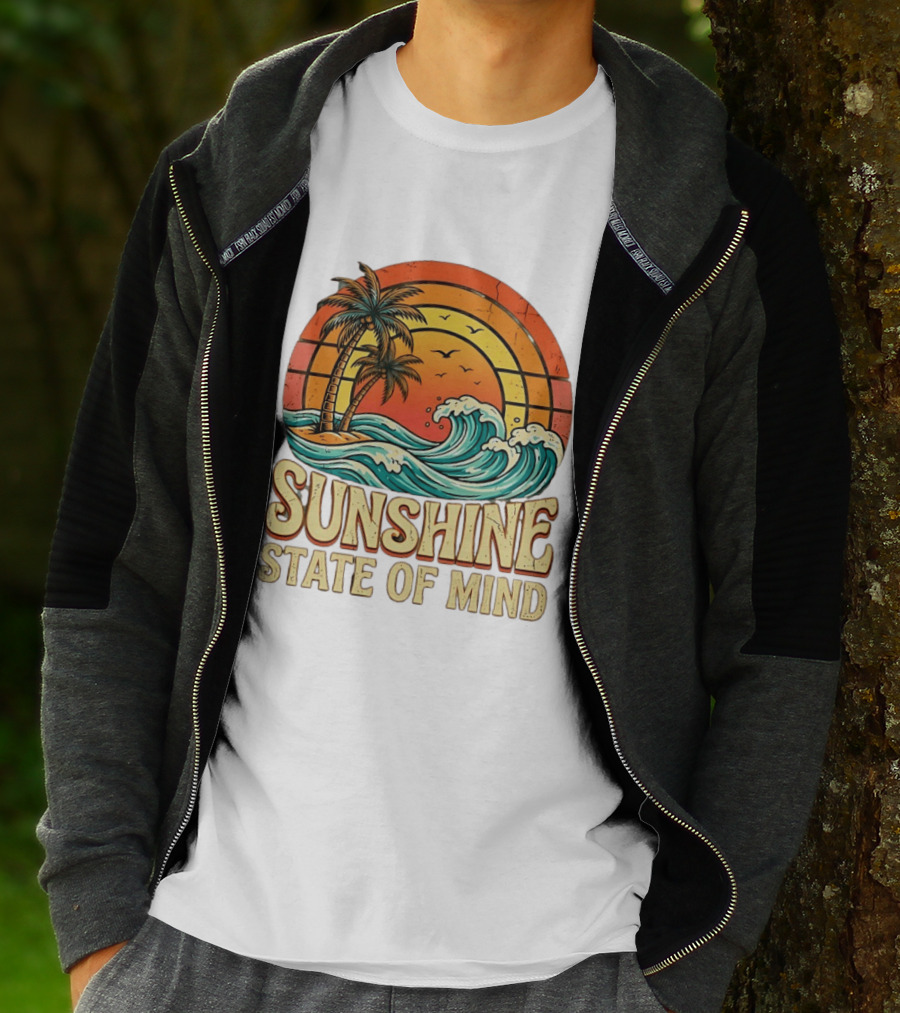 Sunshine State Of Mind Palm Trees Crashing Waves Sunset T-Shirt