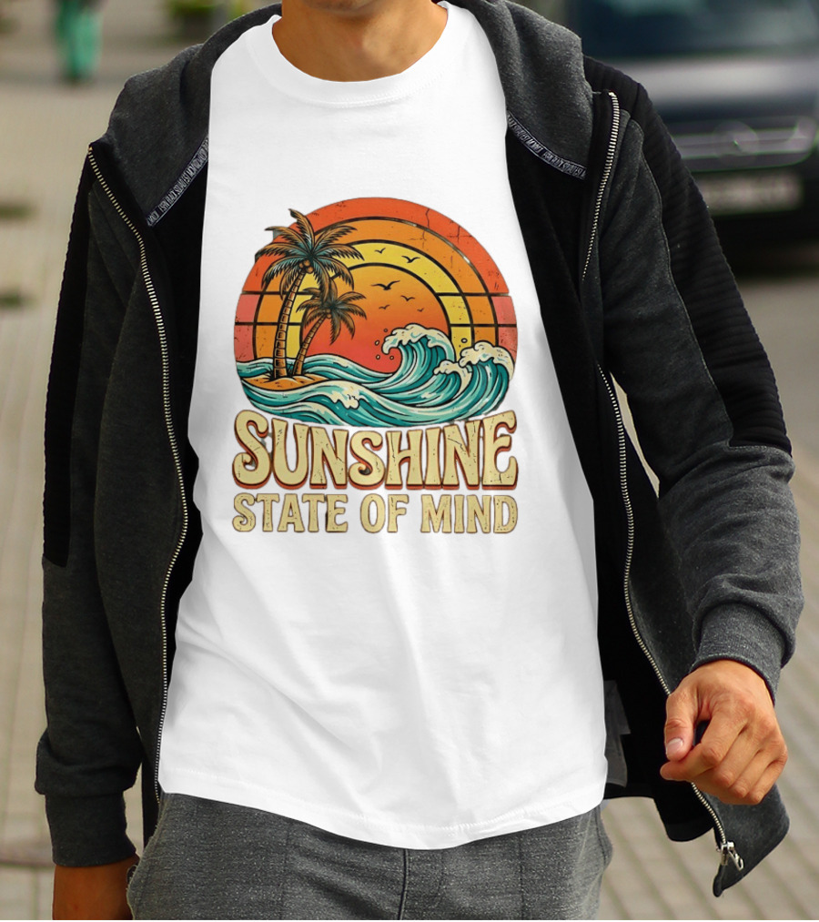 Sunshine State Of Mind Palm Trees Crashing Waves Sunset T-Shirt