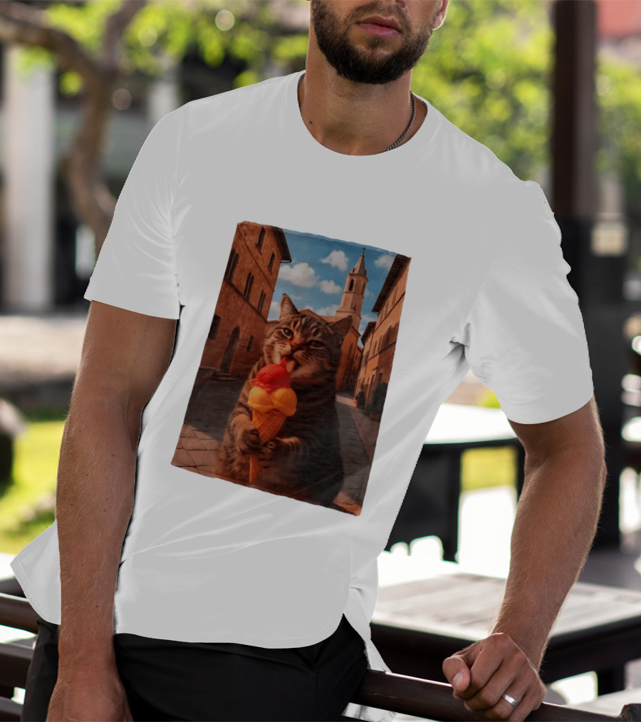 Tabby Cat Eating Ice Cream Cone In Italian Village Street Scene T-Shirt