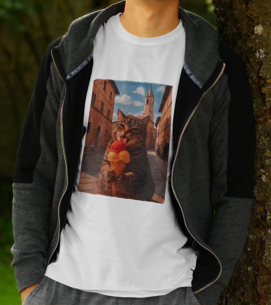 Tabby Cat Eating Ice Cream Cone In Italian Village Street Scene T-Shirt