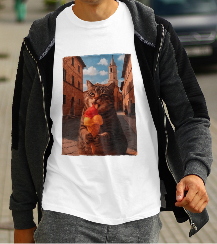 Tabby Cat Eating Ice Cream Cone In Italian Village Street Scene T-Shirt