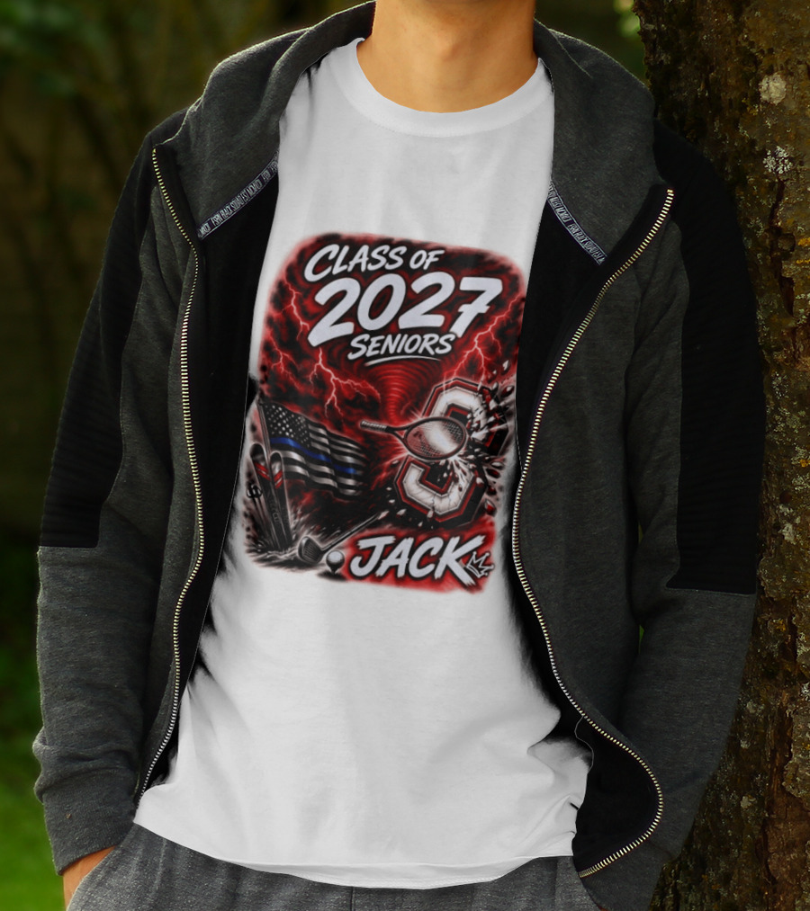 Class Of 2027 Seniors Jack Black Flag Lightning Tennis Football T-Shirt