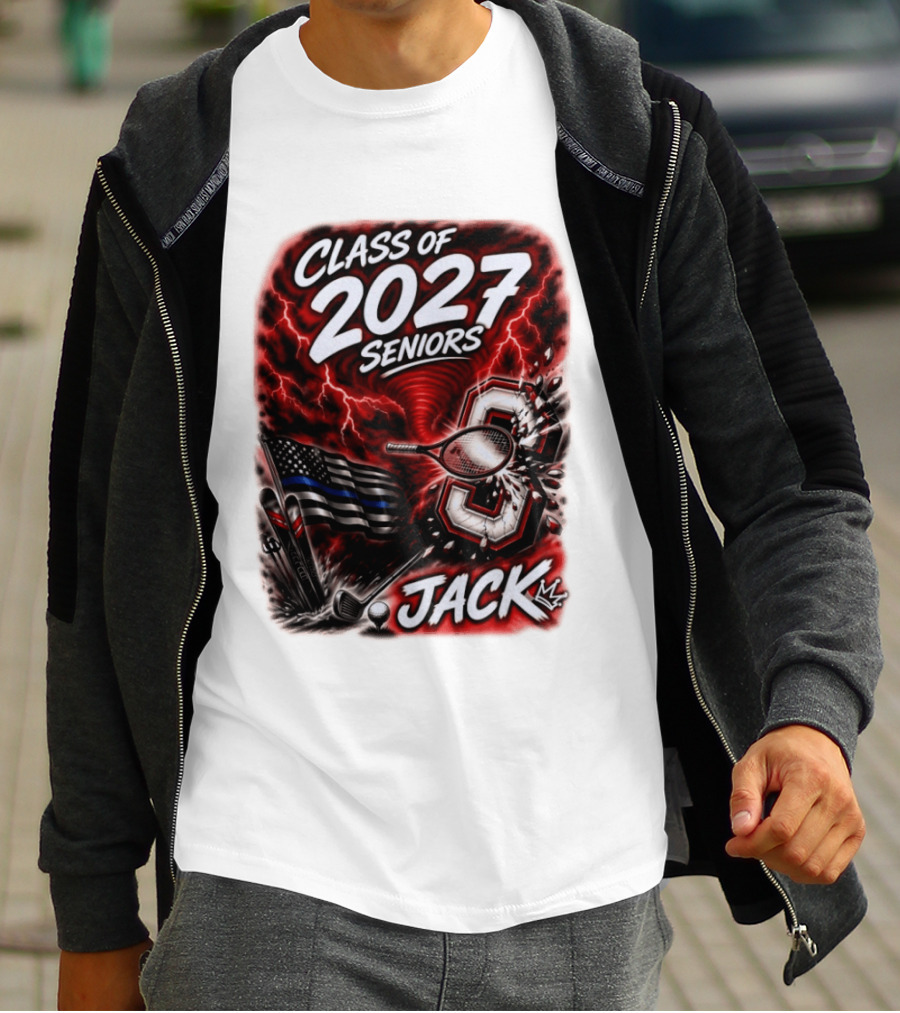 Class Of 2027 Seniors Jack Black Flag Lightning Tennis Football T-Shirt