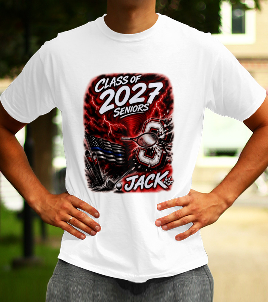 Class Of 2027 Seniors Jack Black Flag Lightning Tennis Football T-Shirt