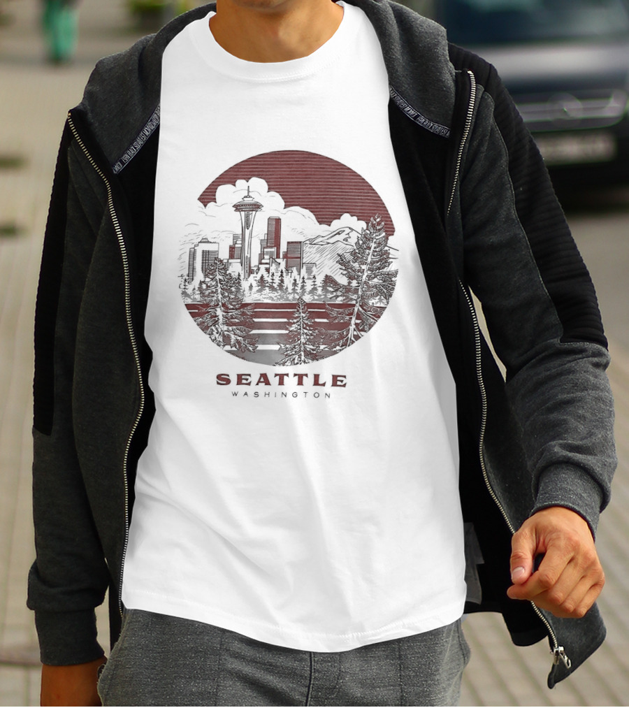 Seattle Washington Skyline Space Needle Mountains Forest T-Shirt