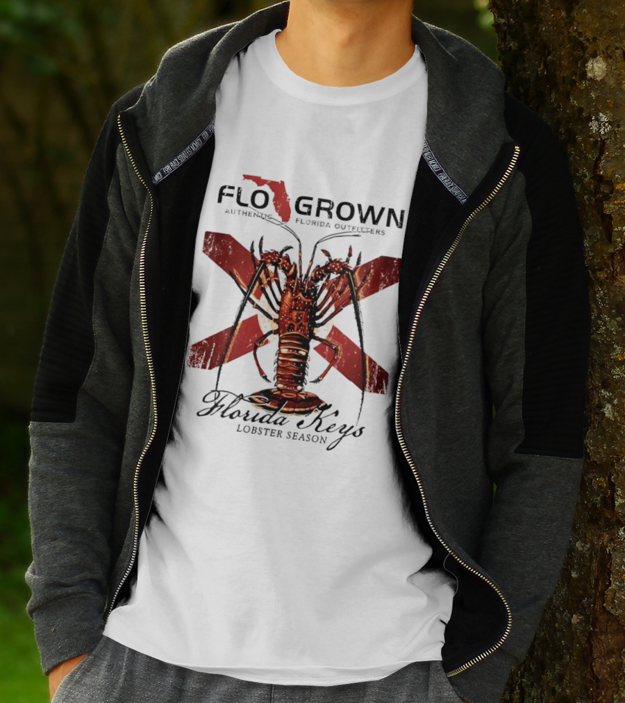 FLO GROWN Authentic Florida Outdoors Florida Keys Lobster Season Spiny Lobster Florida Flag T-Shirt