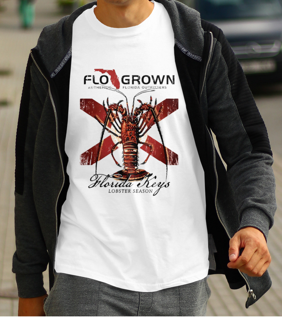 FLO GROWN Authentic Florida Outdoors Florida Keys Lobster Season Spiny Lobster Florida Flag T-Shirt