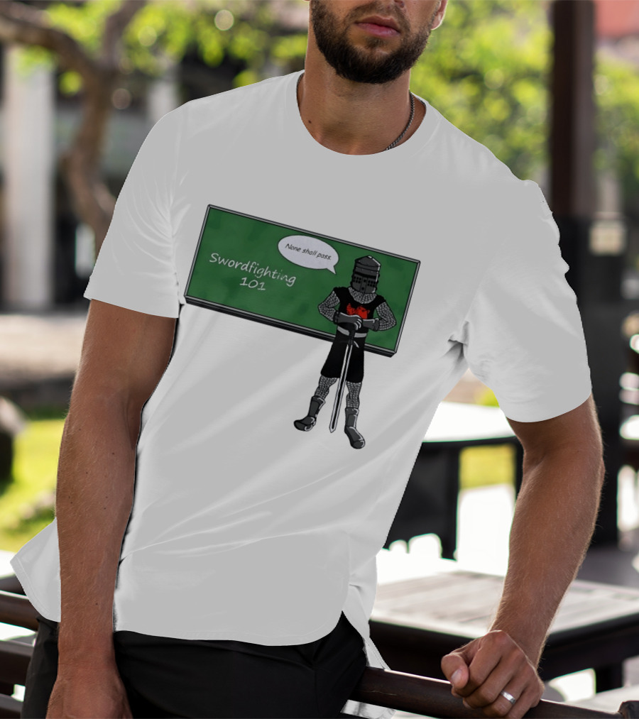 Swordfighting 101 None Shall Pass Black Knight Cartoon T-Shirt
