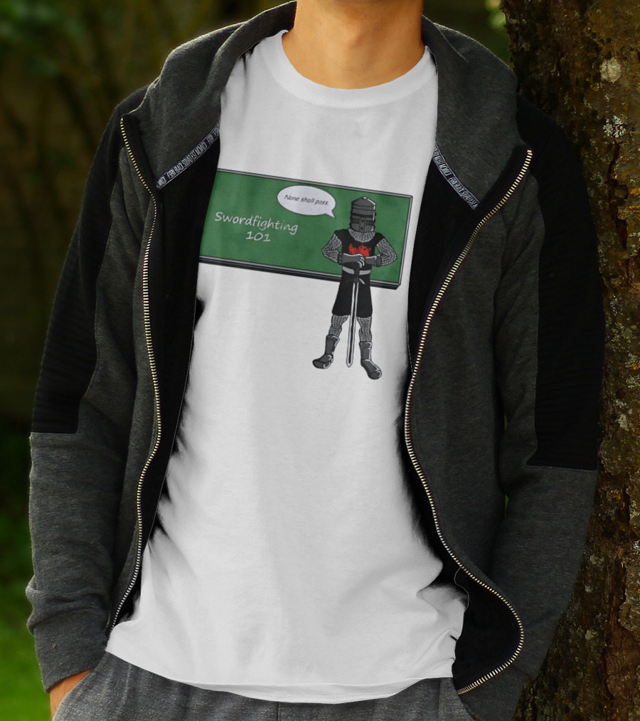 Swordfighting 101 None Shall Pass Black Knight Cartoon T-Shirt