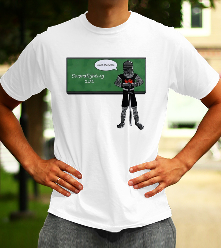 Swordfighting 101 None Shall Pass Black Knight Cartoon T-Shirt