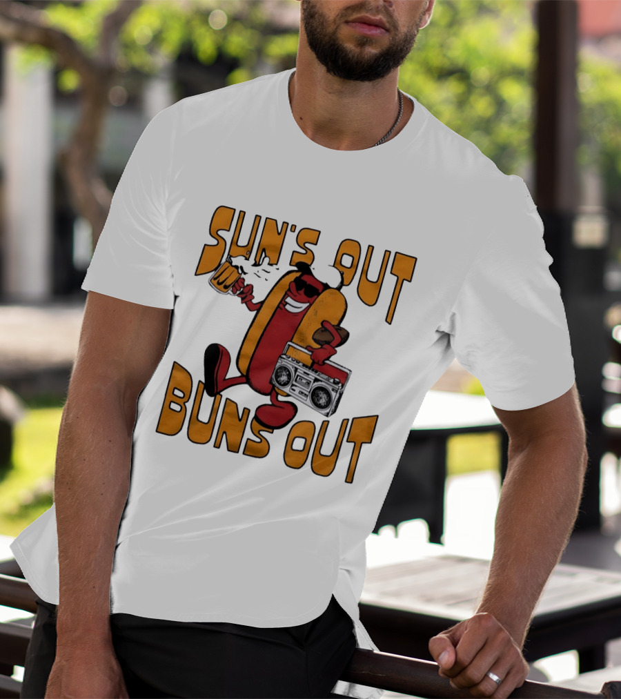Sun's Out Buns Out Hot Dog With Sunglasses Holding Beer And Boombox T-Shirt
