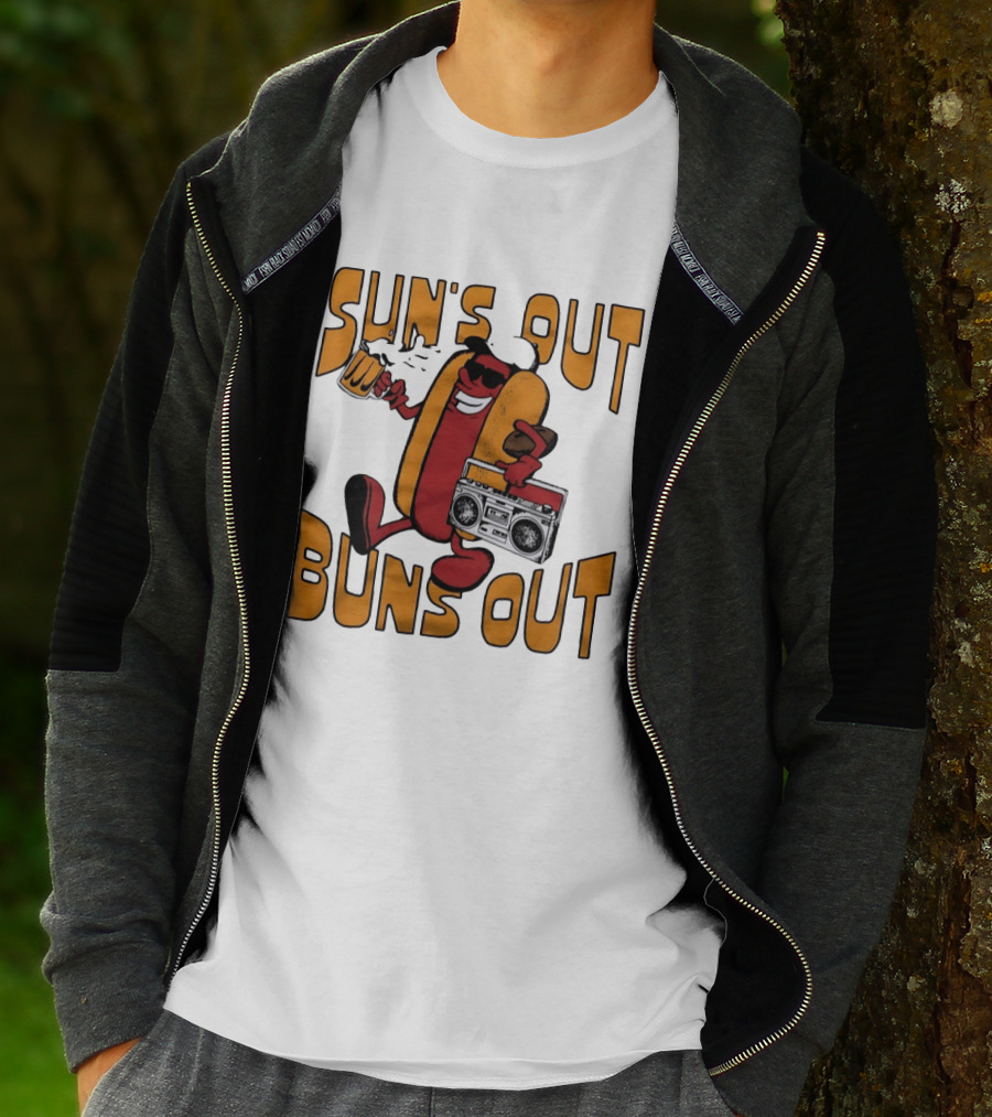 Sun's Out Buns Out Hot Dog With Sunglasses Holding Beer And Boombox T-Shirt