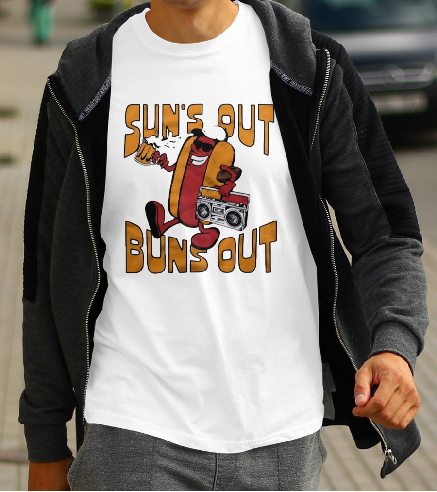 Sun's Out Buns Out Hot Dog With Sunglasses Holding Beer And Boombox T-Shirt